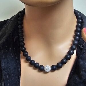 Matte Black Beads and crystals ball flex Bracelet and matching necklace set